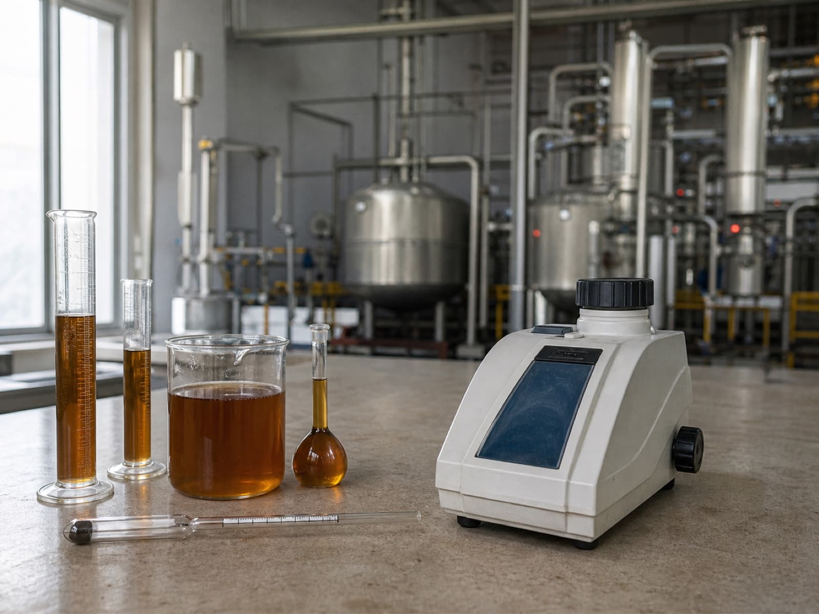 Bancada de laboratório com amostras de caldo de cana, densímetro e dornas de fermentação ao fundo.